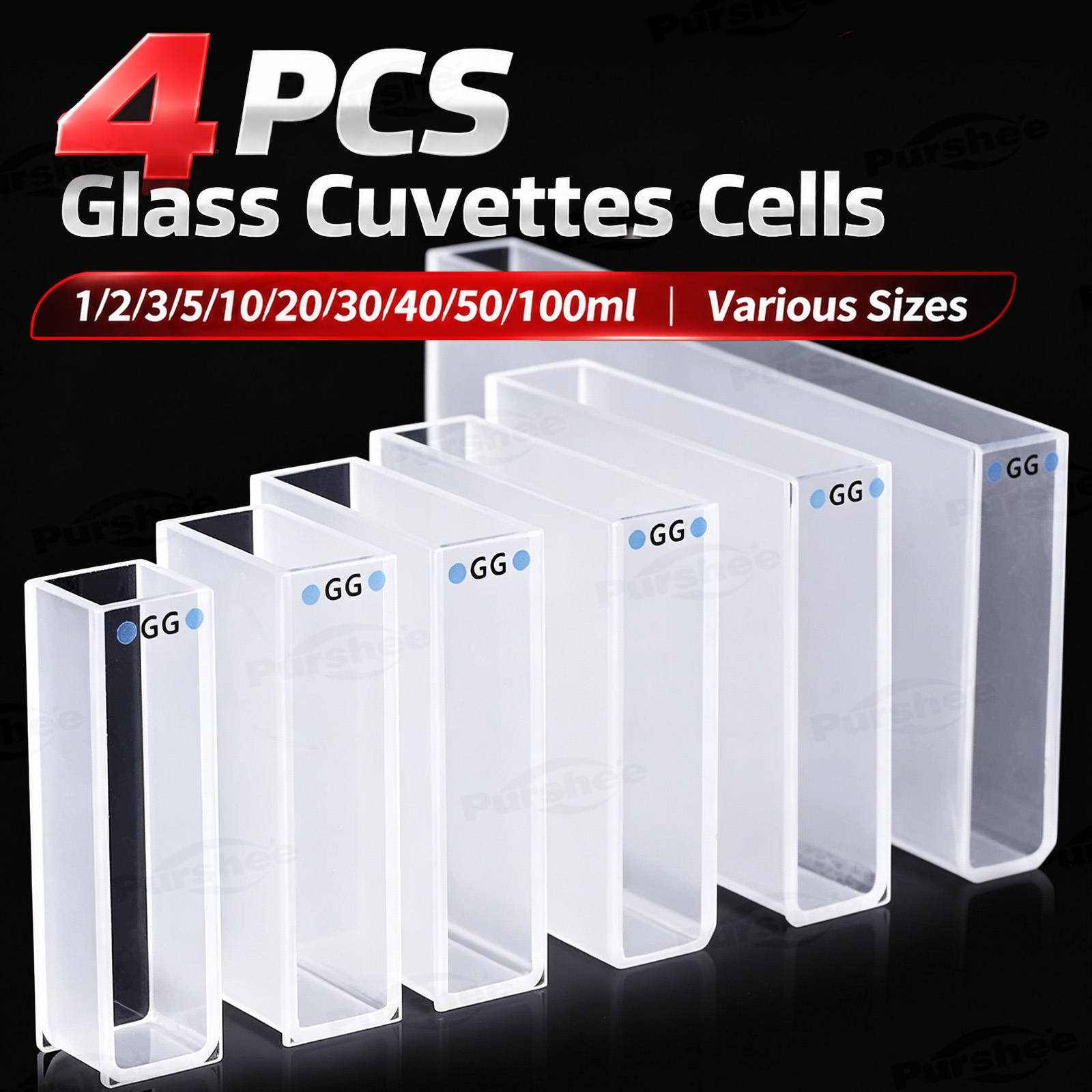 Lab Equipment - 4 PCS Glass Cuvettes Cells 1/2/3/5/10/20/30/40/50/100ml